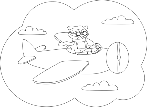 Racoon Flying On The Plane Coloring Page